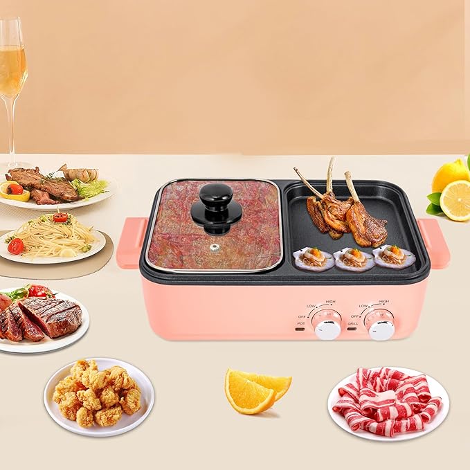 Hot Pot with Grill, Electric Hot Pot and Frying Pan, Shabu Shabu Pot with Grill, 2 in 1 Indoor NonStick Shabu Shabu Pot and Griddle, Dual Temperature Control, Fast Heating (Pink)