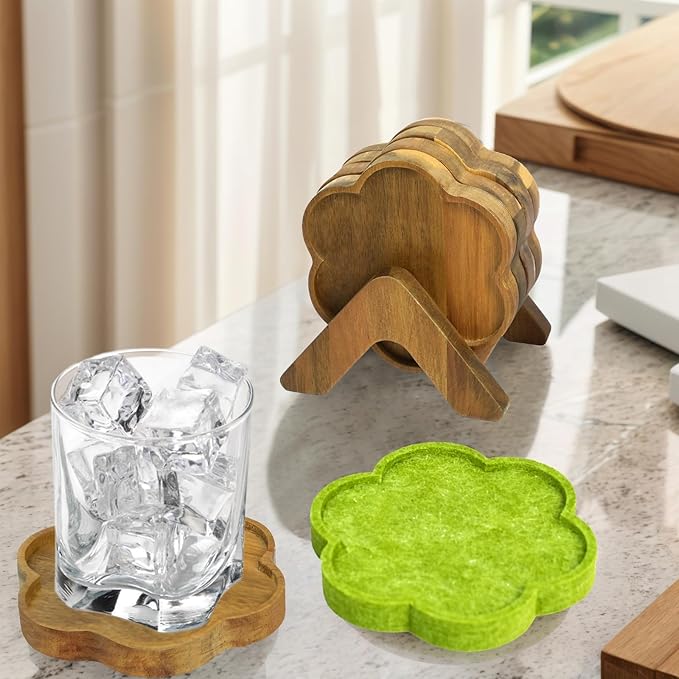 8-Piece Acacia Wood & Absorbent Felt Coaster Set with Stand, Decorative Flower Design - 4" Minimalist Drink Holders for Cold & Hot Drinks, Rustic Modern Decor for Bar & Office - Natural