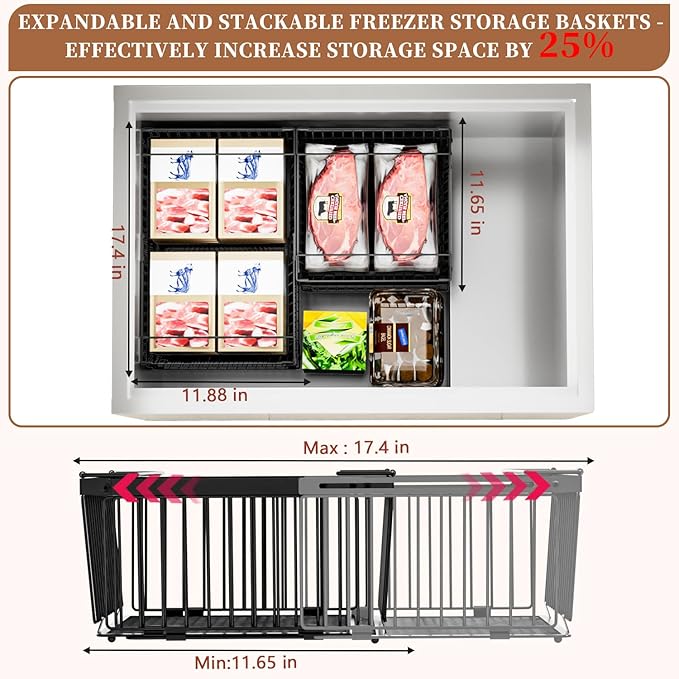 Large Freezer Organizer Bins，Upgraded Bottom Leak-Proof net，6 Pack， Expandable Stackable Chest Freezer Containers with Handle，for Fridge, Deep Freezer, Cabinet, Kitchen, Pantry (Black-6Pack)