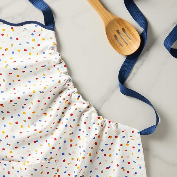Kate Spade New York Sparkling Confetti Kitchen Apron, 100% Cotton with Adjustable Neck Tie, "Stir Up Trouble" Print, Metallic Accents, Double Pockets, Machine Washable, White, 33"x33"
