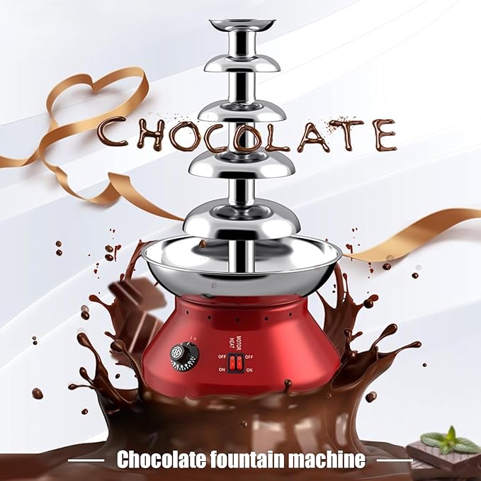 5 Tier Commercial Chocolate Fountain, 230W 7lb Large Capacity Stainless Steel Hot Chocolate Fondue Tower Fountain Machine for Buffet Dinner, Wedding Parties, 86-230℉ (Red)