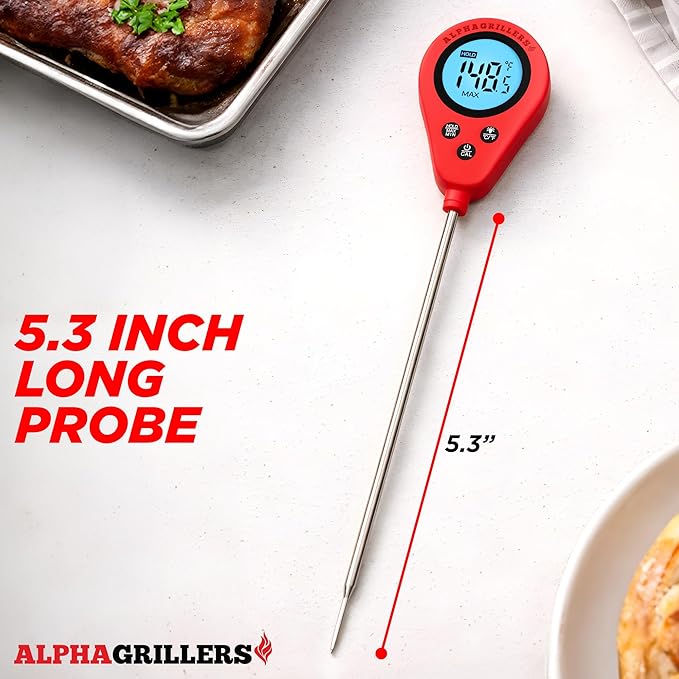 Alpha Grillers Instant Food Thermometer for Meat and Cooking Sourdough Bread Baking Supplies Grilling Gifts for Men Women Gifts for Mom Seniors, Long Probe Large Backlit Display