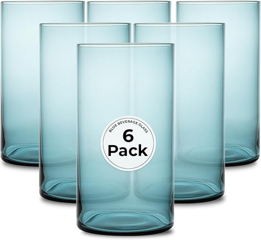 Restaurantware-Vetri 16 Ounce Tall Drinking Glasses, 6 Dishwashable Beverage Glasses - No-Lead, Elegant, Blue Glass Tumblers, Ideal For Water, Juice Beer, Cocktails, Liquor, Iced Tea, And More