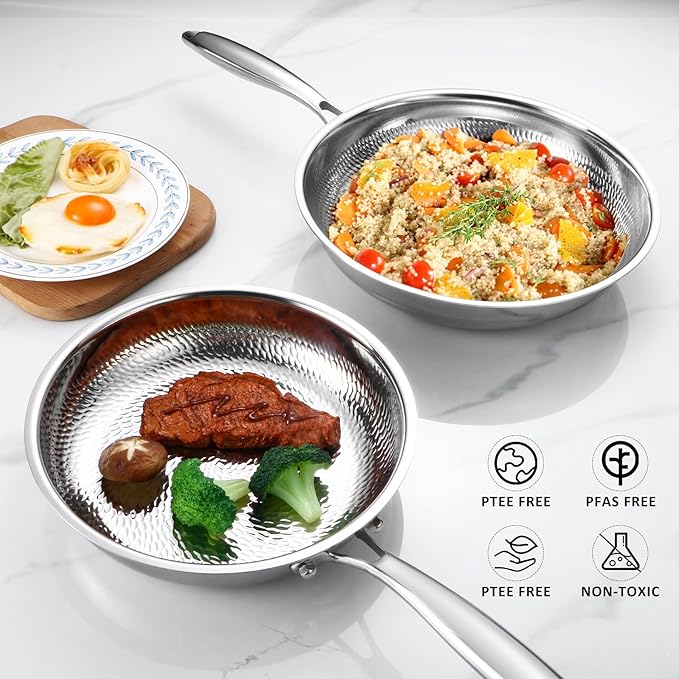 Lazycorner Hammered Non Stick Frying Pan with Lid - 12 Inch Stainless Steel Kitchen Cookware Pot Scratch-Resistant, Even Heating Cookware for All Stovetops (12in-With Lid)