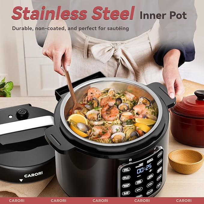 CARORI 9-in-1 Electric Pressure Cooker 6 Qt, Stainless Steel Inner Pot, Programmable 12 Multi-Function Cooker with Safe Vent Design, Rice Cook, Slow Cook, Sauté, Warmer & Sterilizer, Black