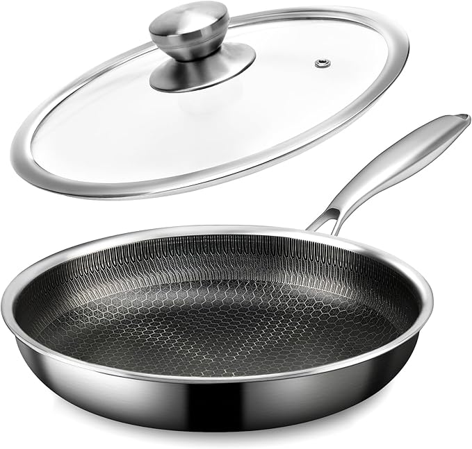 CADIVIZZO Stainless Steel Frying Pan with Lid - 9.5 Inch Nonstick Frying Pan with Lid, Honeycomb Stainless Steel Skillet Omelet Chef's Pan with Stay Cool Handle, Induction Compatible, PFOA Free
