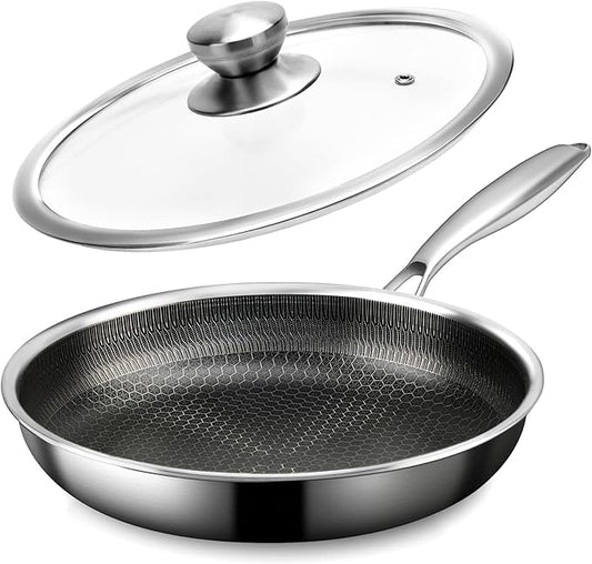 CADIVIZZO Stainless Steel Frying Pan with Lid - 9.5 Inch Nonstick Frying Pan with Lid, Honeycomb Stainless Steel Skillet Omelet Chef's Pan with Stay Cool Handle, Induction Compatible, PFOA Free