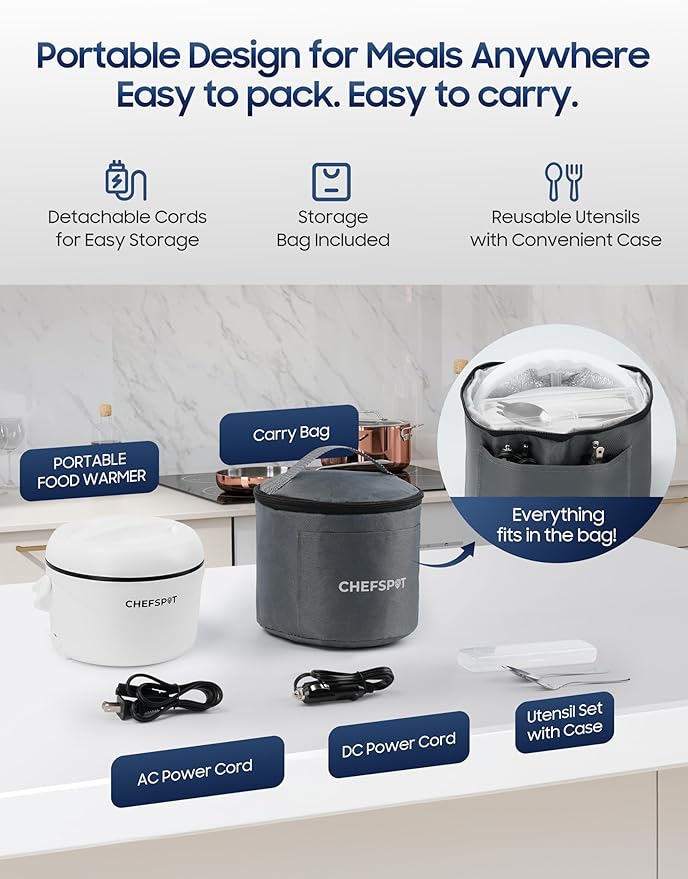 Electric Lunch Box, 37oz Portable Food Warmer with 12V/24V Car & 120V Home Plugs, Spill-Proof, BPA-Free, Dishwasher-Safe, No Microwave Needed, with Utensil Set & Carry Bag (Arctic White)
