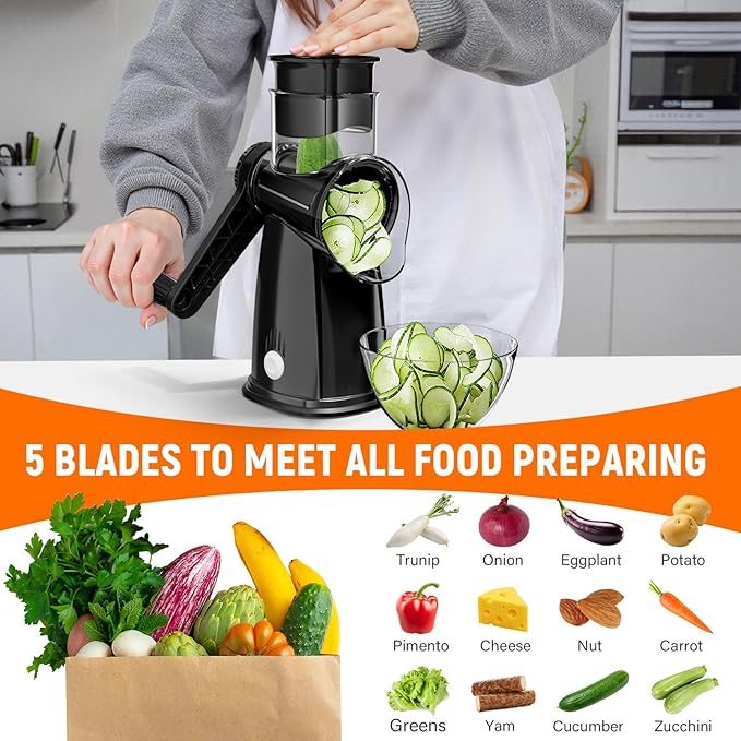 Rotary Cheese Grater Hand Crank with 5 Interchangeable Blades, Vegetable Chopper Spiralizer Slicer for Fruit Vegetable Nuts, Mandoline Slicer for Kitchen with Blades Rack & Suction Base, Black