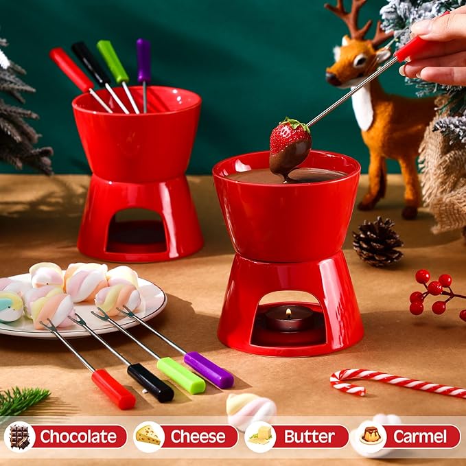 Mudder 6 Pieces Fondue Mug Ceramic Pot and 24 Pieces Forks Set for Melting Chocolate, Cheese, Broth or Tapas on Valentine's Day Gift(Red)