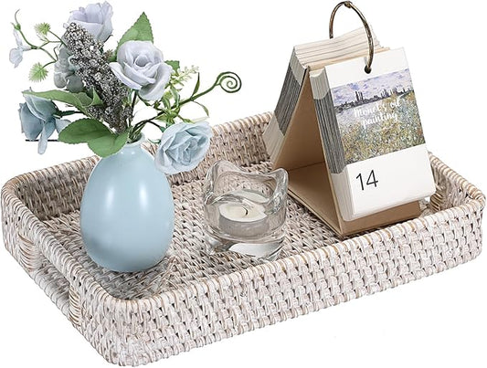 Hipiwe Hand Woven Tray with Handle Whitewash Rattan Serving Tray for Storage Rectangular Wicker Basket Tray for Key Remote Fruit Dessert Plate, 11.8 x 7.9 x2 Inch