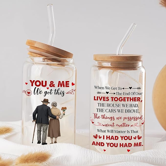 16 Oz Glass Cups with Lids and Straws You and Me We Got This Iced Coffee Cup Couple Glass Drinking Jar Beer Soda Tea Cocktail Wedding Anniversary Valentines Gift for Him Her Spouses Love