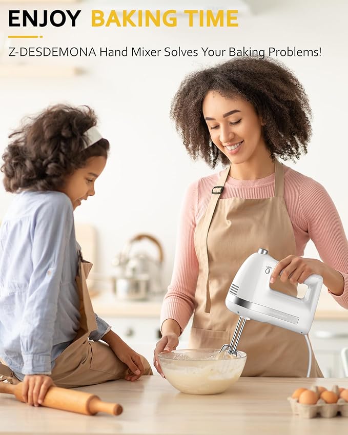 Z-DESDEMONA Electric Hand Mixer, Powerful 300W Hand Mixer Electric Handheld with 304 Beaters, Dough Hook,Hand Held Mixer with Turbo for Baking Cakes, Eggs, Cream Food(White)