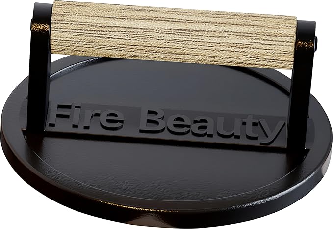 Fire Beauty Burger Press,Cast Iron 6.5" Enamel Surface Grill Press with Wood Handle,Food-Grade Smash Burger Press for Seared Bacon, Steak&Burger