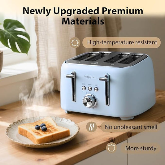 4 Slice Toaster 1.5" Extra Wide Slot - Stainless Steel, High Lift, 6 Browning Settings, Blue