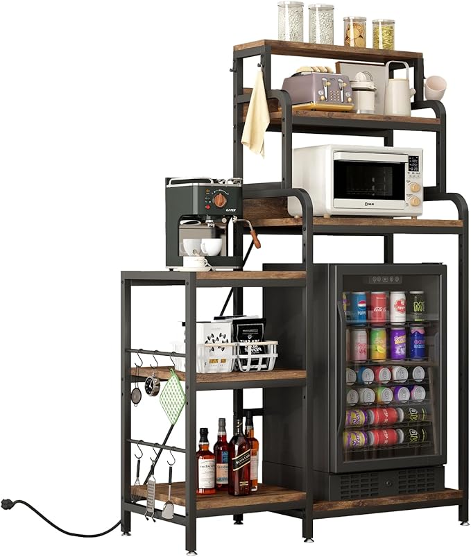 Bakers Rack with 7-Tier Mini Adjustable Shelves and Power Outlet, Heavy-Duty Metal Frame Kitchen Shelf Organizer, Mini Fridge & Microwave Stand for Kitchen, Dorm, Living Room, Walnut Brown