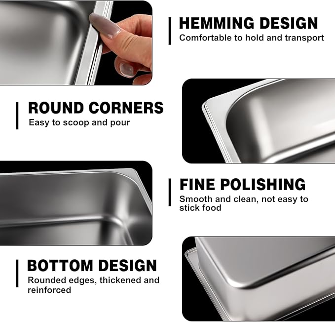West Bay 4 Pack 1/2 Half Size Hotel Pan with Lids, 4'' Deep Steam Table Pan with Lid, 12.8''L x 10.4''W Stainless Steel Pans for Home, Party, Hotel, Buffet