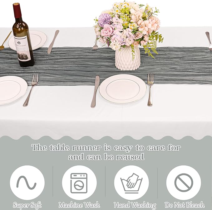 10 Pack Grey Cheesecloth Table Runner 10FT Boho Gauze Fabric Table Runner Vintage Rustic Sheer Runners for Wedding Party Bridal Baby Shower Long Table Decorations