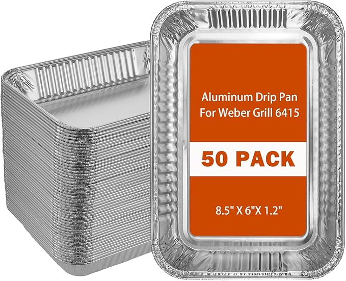 Whaleme 50 Pack Grill Drip Pans Compatible Weber 6415 - Grill Accessories for Weber Spirit, Genesis, Traveler, Q Series, Disposable Aluminum Foil Grease Tray Liners 8.5" X 6" (50 Pack)