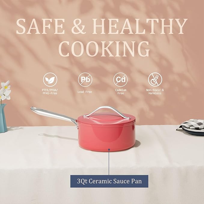 8-Piece Red Non-Stick Ceramic Pots & Pans Set with Lids, Complete Kitchen Cookware for Soup, Pasta, Boiling & Sautéing, Dishwasher Safe, Induction Compatible, From Stovetop to Oven Safe
