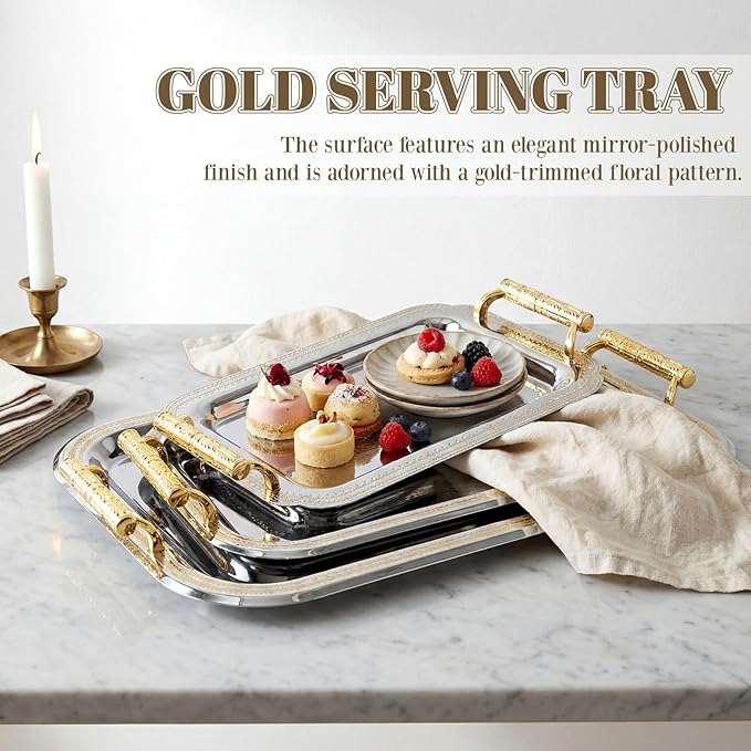 3 Pack Stainless Steel Serving Tray with Gold Handle Silver Metal Plate Platter Coffee Tea Serving Tray Floral Table Platter for Buffet Wedding Party Jewelry, 12" x 8", 13" x 9", 16" x 14"