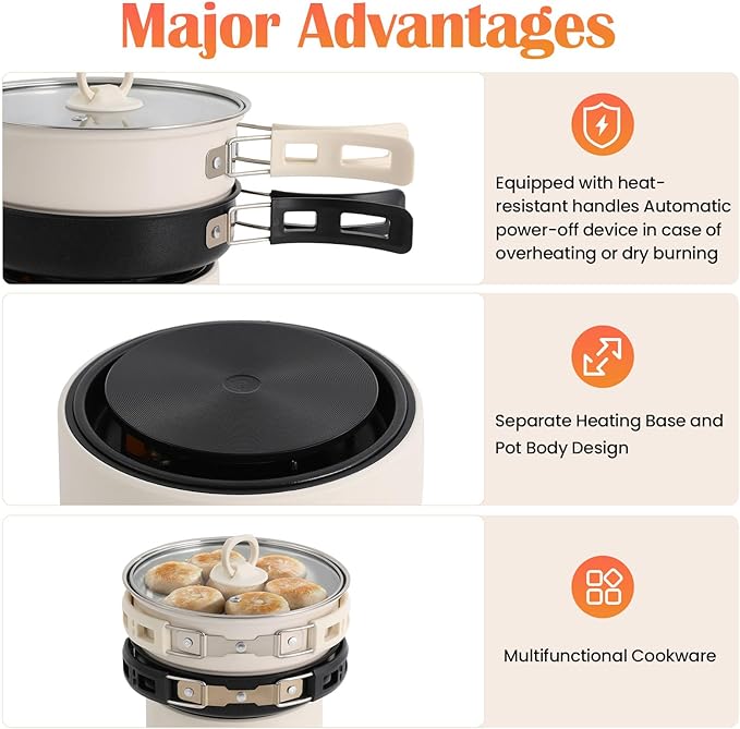 Portable Electric Hot Pot,500W Mini Electric Cooker w/Foldable Handles & Steamer,Non-stick Frying Pan,Multi-Functional Ramen Noodle Cooker Power Adjustment for Steaks,Soup,Pasta (White)