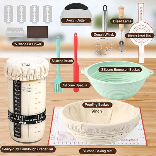 Sourdough Bread Baking Supplies, Banneton Bread Proofing Basket, 10 Inch Oval & Round Bread Baskets with Liners & Covers, Sourdough Starter Kit
