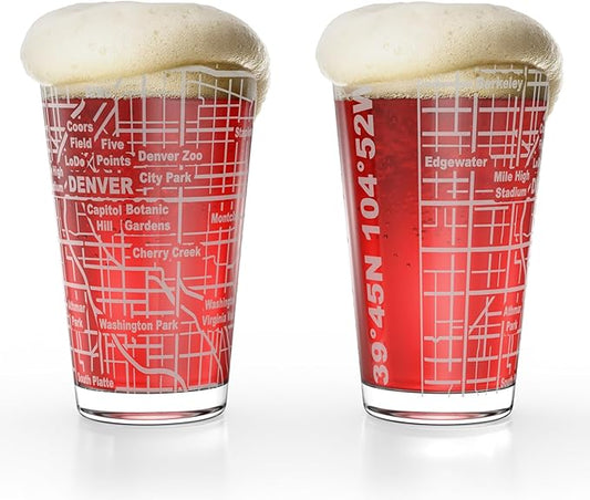 Greenline Goods – Denver, CO Map Pint Beer Glasses (Set of 2), 16 oz – Etched Wrap Design