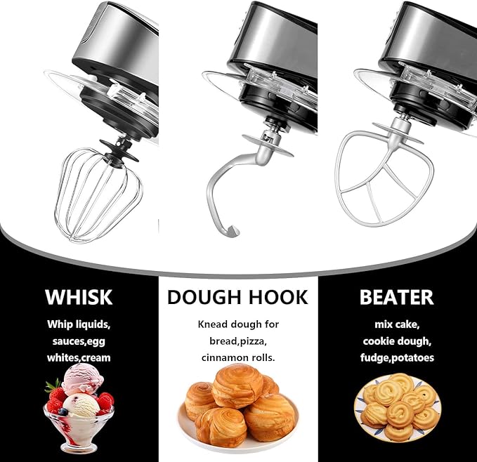 SeaSpark Multifunctional Stand Mixer, 6 in 1 Stand Mixer, 6.3Qt Tilt-head, Standing Mixer with Stainless Steel Bowl, Meat Grinder, Juice Blender, for professional Baking and Most Home Cooks, Black