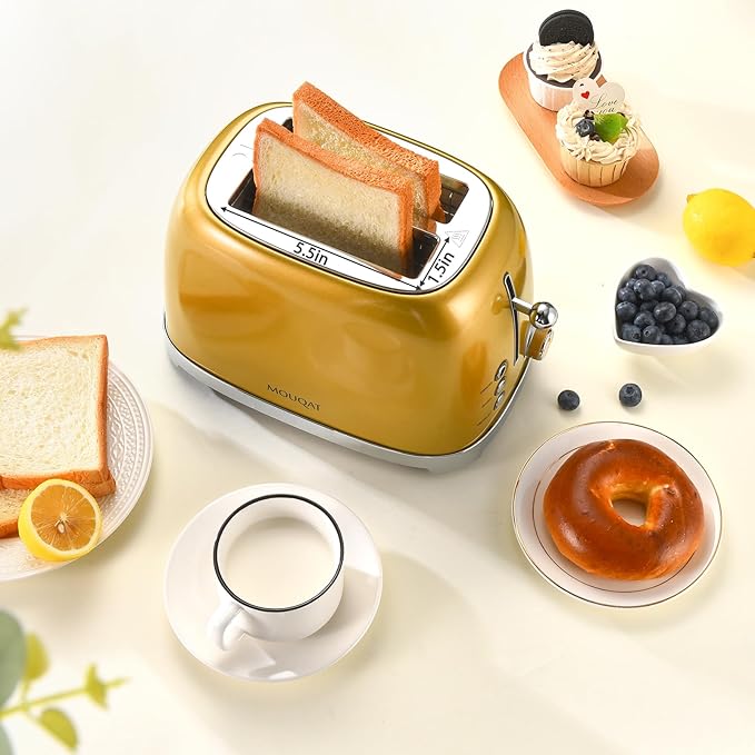 Mouqat Gold 2 Slice Toaster, Wide Slot Stainless Steel, 6 Shade Settings, Bagel, Defrost & Cancel Functions, Removable Crumb Tray, Different Toast Sizes, Cord Wrap, 825w