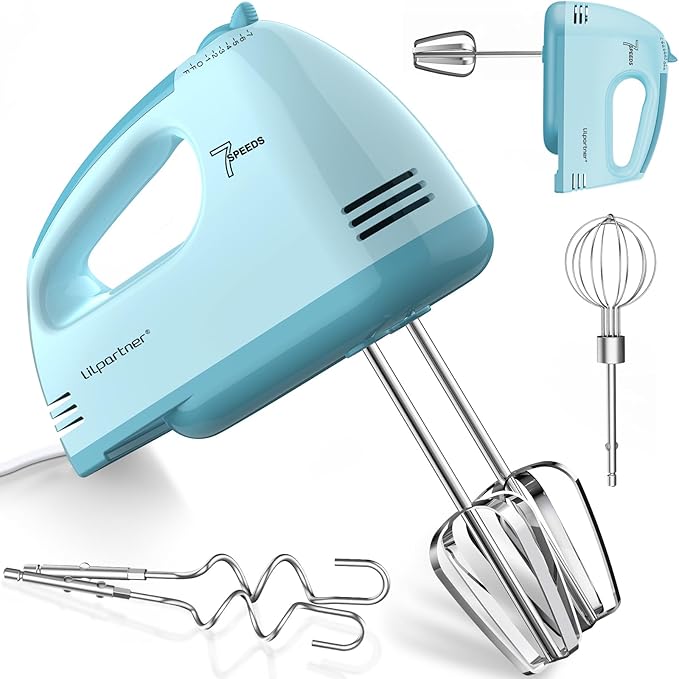 LILPARTNER Hand Mixer Electric, Small Food Mixer 7 Speeds Handheld Blender,304 *(1* Whisk, 2* Beater, 2*Dough Hook) Kitchen Blender for Cream, Cookies, Dishwasher Safe, Blue