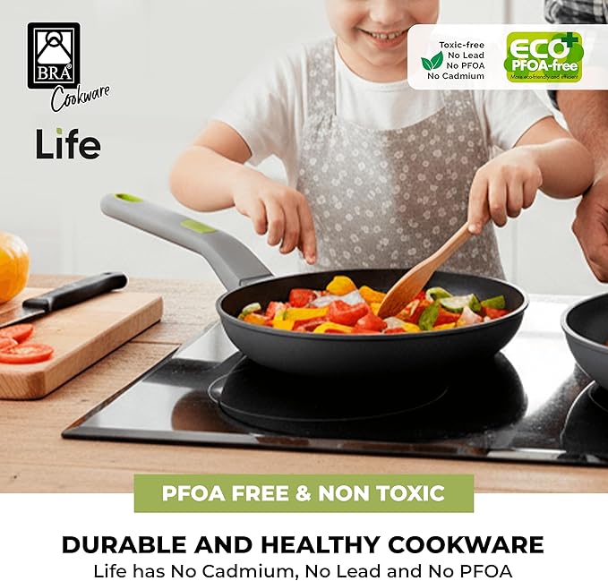BRA COOKWARE Life Ceramic Nonstick Frying Pan | 9.5 Inch Recycled Cast Aluminum Skillet | Ceramic Non-Stick Fry Pan | PFOA Free Searing Skillet | All Cooktops (incl. Induction) | Soft-Touch Handle