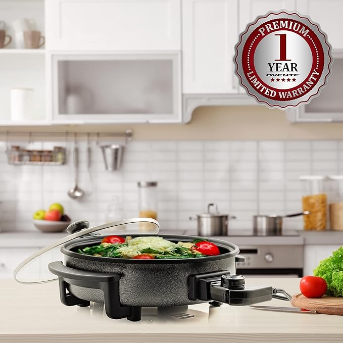 OVENTE 12 Inch Electric Skillet and Frying Pan with Nonstick Coating, 1400W Power, Adjustable Temperature Control, Tempered Glass Lid with Vent and Cool Touch Handles, Black SK11112B