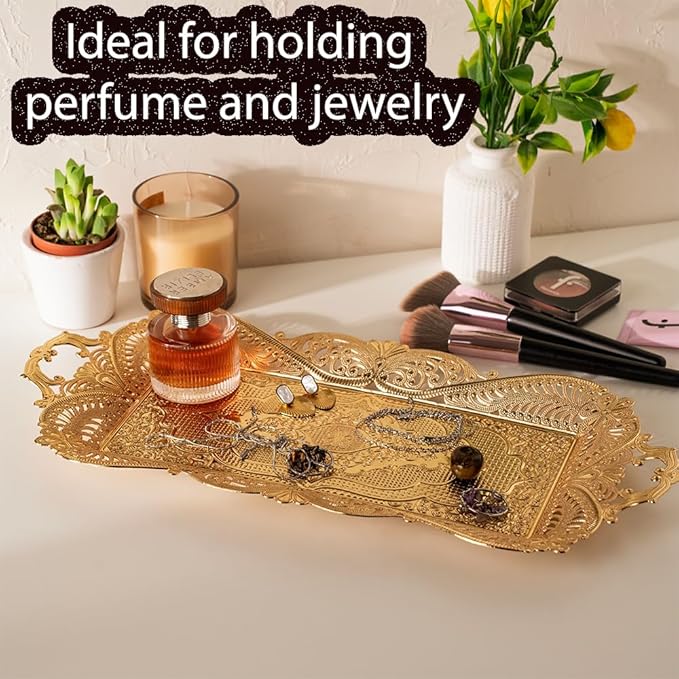 Small Gold Turkish Tea Coffee Serving Tray Table Decor Decorative Handles Rectangle - Gold Rectangular Candle Rustic Farmhouse Home Kitchen Brass Moroccan Style Traditional Fancy Tray Decor