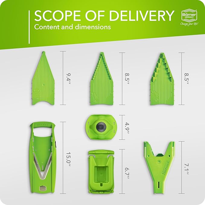 Mandoline Food Slicer Börner V5 (Profi Set) by Reston Lloyd • V-Slicer with 4 Inserts, Docking Station & Food Holder • Made in Germany • Fruit & Vegetable Chopper • Multiple Settings • Color: Lime