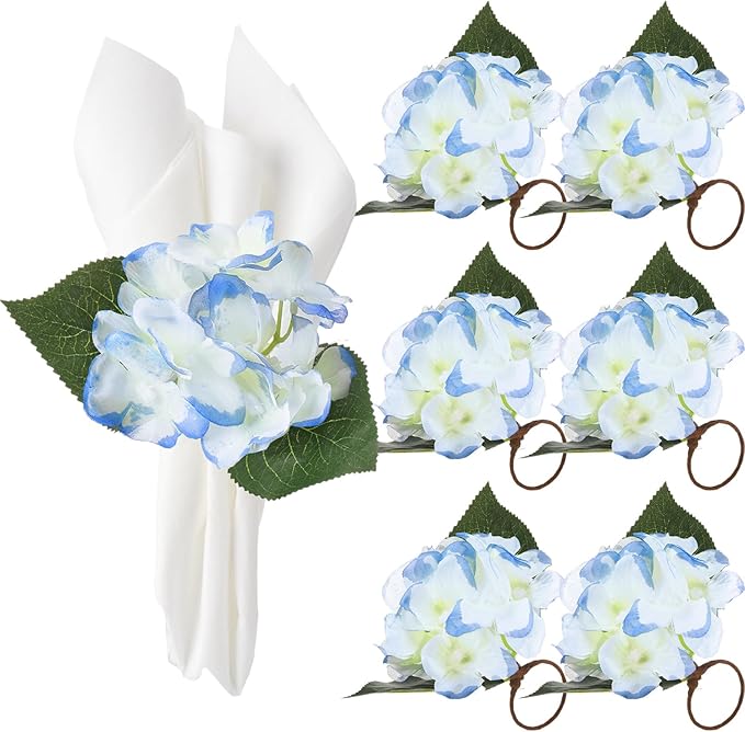 6 Pcs Artificial Hydrangea Napkin Rings Spring Summer Napkin Ring Holder Boho Floral Rustic with Artificial Leaves for Weddings Dinner Spring Summer Gathering Table Decoration (Hydrangea)