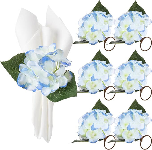 6 Pcs Artificial Hydrangea Napkin Rings Spring Summer Napkin Ring Holder Boho Floral Rustic with Artificial Leaves for Weddings Dinner Spring Summer Gathering Table Decoration (Hydrangea)