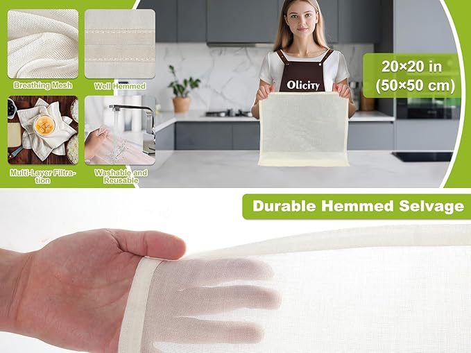 Olicity Cheesecloth Bulk, 10PCS, Grade 100, 20x20Inch Hemmed Cheese Cloths Fabric Reusable Fine Mesh Cloth,100% Cotton Unbleached Precut Muslin Bulk Cheesecloth Roll for Straining, Cooking, Yogurt