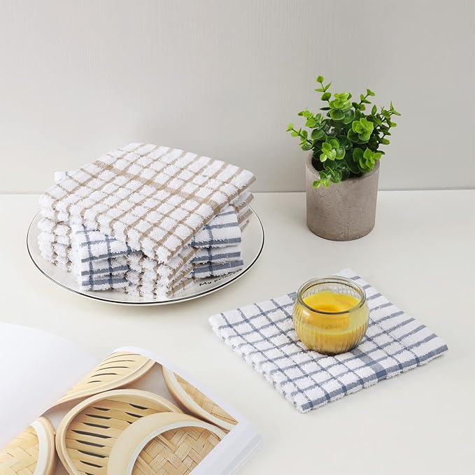Egles 6 Packs Kitchen Dishcloths 100% Cotton Grid Terry Dish Cloths 12.5" x 12.5" Ultra Soft Super Absorbent Dishrag Reusable Dishcloth Multi-Purpose Quick Drying Hand Dish Towel Set with Hanging Loop