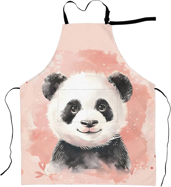 Watercolor Panda Apron Adorable Artistic Animal Illustration Aprons Waterproof Oxford Polyester Adjustable Pockets Design for Cooking, Crafting, Garden Decor, for Adults, 28x33 Inch