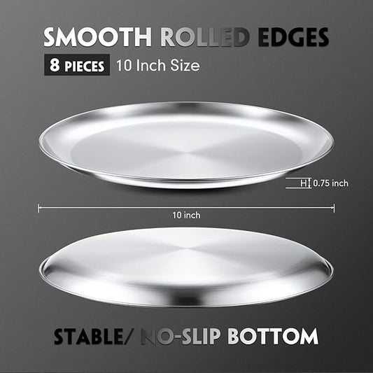 Thenshop 8 Pieces 10 Inch Pizza Pans Bulk Stainless Steel Sets Round Bakeware Pizza Trays for Oven Kitchen Baking Home Restaurant Picnics Holiday Activities Safe Sturdy Reusable Easy Clean(Silver)