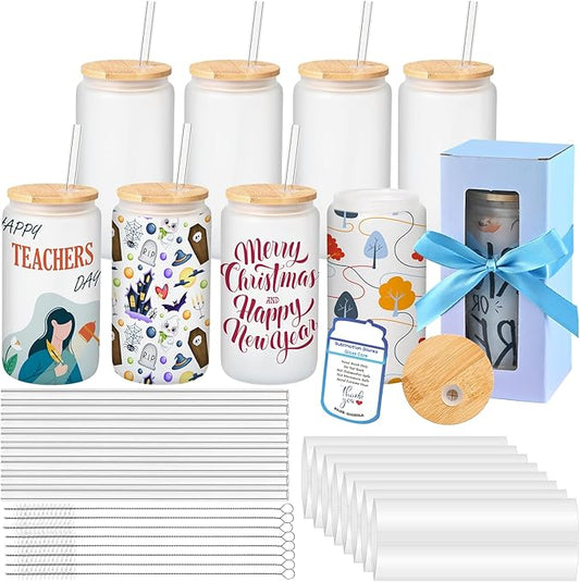 Sublimation Glass Blanks with Bamboo Lid, 16OZ Frosted Sublimation Beer Cups with Glass Straws Gift Box for Christmas, Mason Jar Cups Mug Travel Tumbler for Juice, Iced Coffee, Drinks(8 PACK)