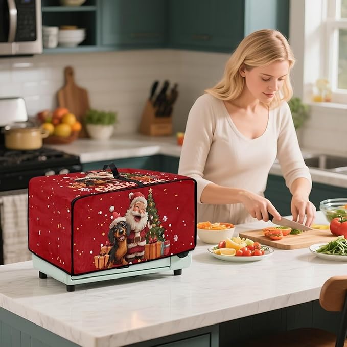 Doojoayie Chrsitmas Santa Toaster Cover 6 Slice Stain Resistant Dust Cover for Bread Machine Small Kitchen Appliance Protector for Bread Making Machine/Air Fryer, Red