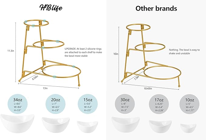 HBlife 3 Tier Serving Stand Oval Serving Bowl with Metal Rack, Ceramic Serving Dishes Chip and Dip Serving Set, Food Display Dessert Appetizer Candy Bowl, Fruit Bowl for Parties, Gold