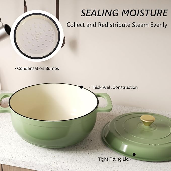 VINGLI 7.5QT Enameled Cast Iron Round Dutch Oven Pot with Lid, NonStick Casserole Pot with Dual Handles & Silicone GlovesRed, Oven Safe up to 500°F or on Stovetop, Dutch Oven for Bread Baking, Green
