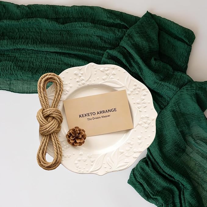Keketoarrange 6pcs Emerald Green Table Runner Cheesecloth Gauze 120 Inch 10 FT Rustic Boho Cheese Cloth Table Decor for Wedding Baby Bridal Shower Party Long Sheer Vintage Spring Home Decorations