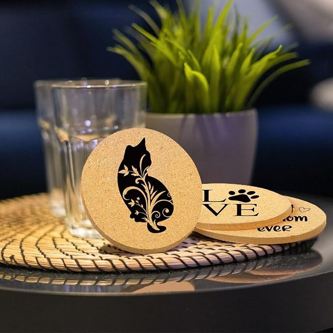 Coasters for Drinks with Holder Set of 6, Cat Paw Coaster for New Home Couples House Warming Gifts Absorbent Cork Wood for Cup Desk Coffee Table Office Kitchen Decor, Round 4"