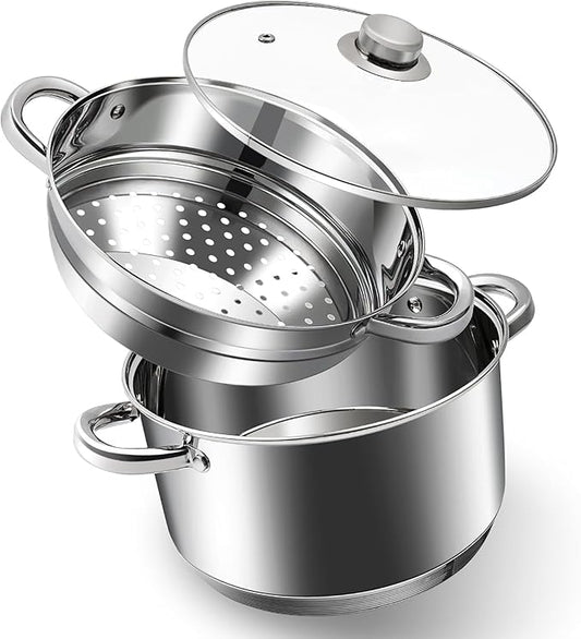 6 QT Stainless Steel Cookware Set, 3-Piece Multipurpose Stock Pot with Steamer Pot and Tempered Glass Lid, Stainless Steel Handle, Work with Gas Electric Induction Stove