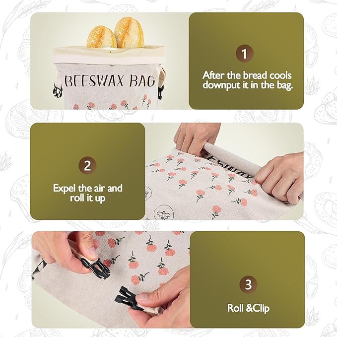 2-Pack Reusable Beeswax Bread Bags for Homemade Bread Sourdough, 2 Natural XL Beeswax 100% Linen Moisture-proof Lined Storage Bags with Buckle& 1 Bowl Covers –Easy to Clean,Keeps Bakes Fresh Longer
