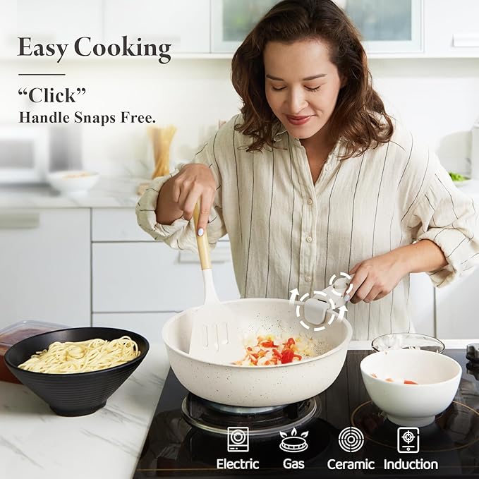 11 Pcs Pots and Pans Set Non Stick with Removable Handles,Ceramic Cookware Set Non Toxic,Induction Kitchen Cooking Sets,Nonstick RV Cookware,Dishwasher/Oven Safe,PFAS/PTFE/PFOA Free,Cream White